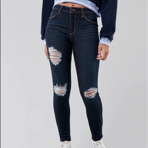 Hollister Curvy High Rise Ripped Jean Legging Jeans Stretchy New NWT Dark 7 28 - Picture 1 of 16
